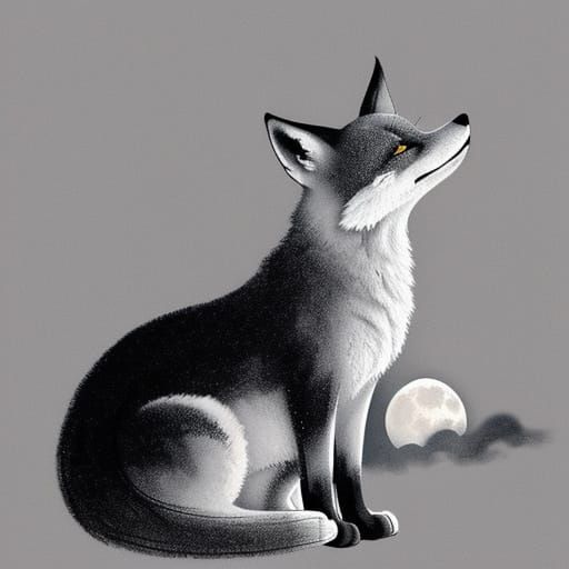 Japanese Ink Painting: Fox Gazing at Moon