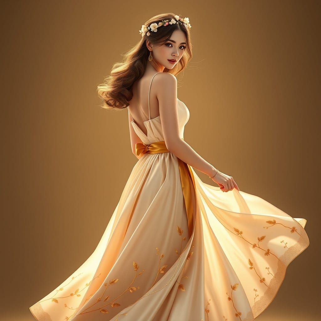 Elegant Fantasy Woman in Golden Sash and Floral Crown