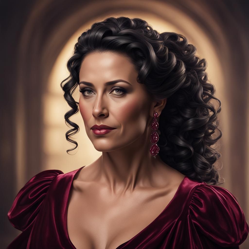 Elegant Lady in Ruby Hues, High Ponytail and Intricate Detai...