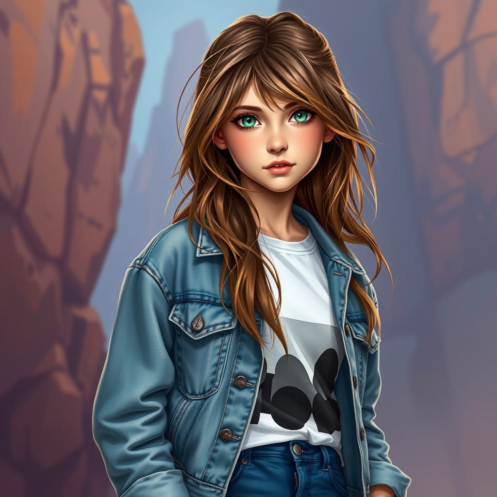 Youthful Tomboy Girl with Unruly Brown Hair and Vibrant Gree...