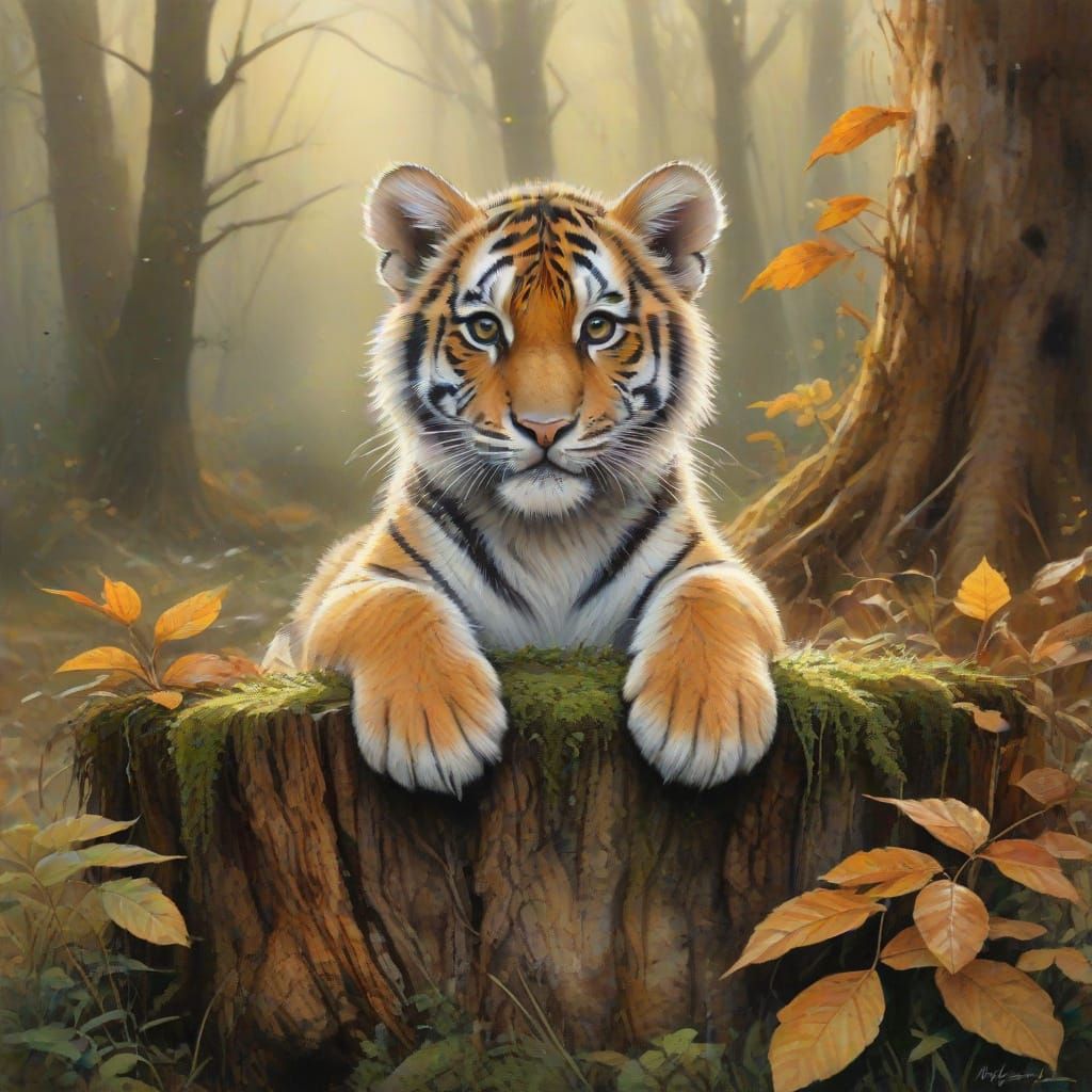 Tiger Cub Peeking Through Autumn Foliage in Golden Hour