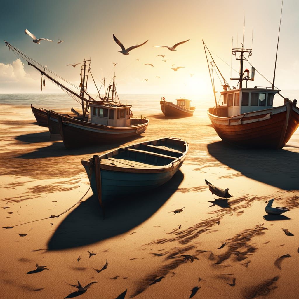 Fishing Boats on Shore in Hyper-Realistic Style
