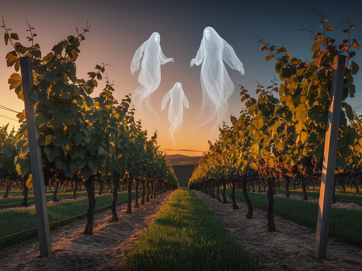 Ethereal Figures in a Twilight Vineyard