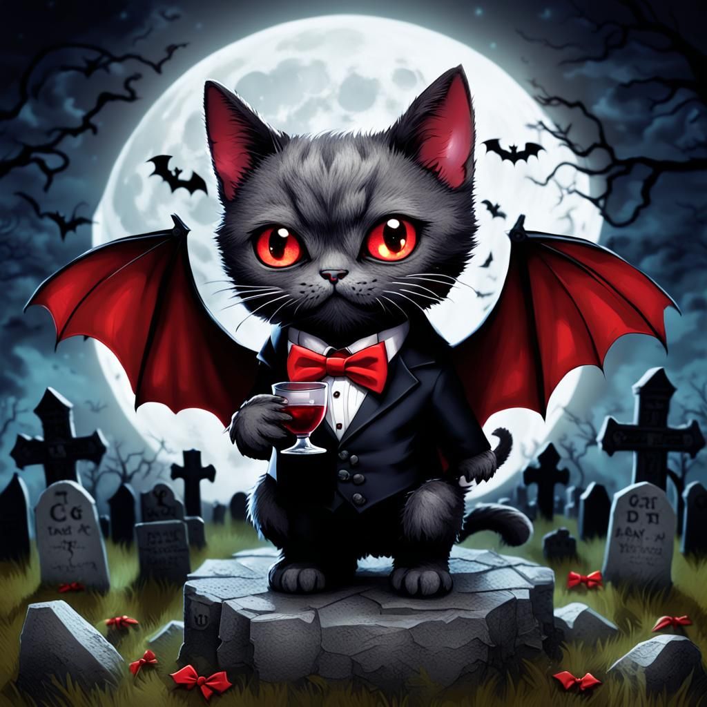 Chibi Vampire Cat in Miniature Tuxedo at Midnight