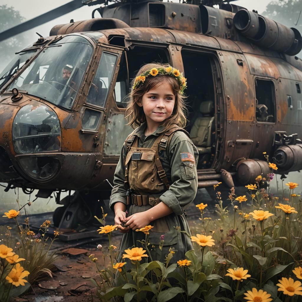 Little Girl Amidst Ruins in a Morning Fog