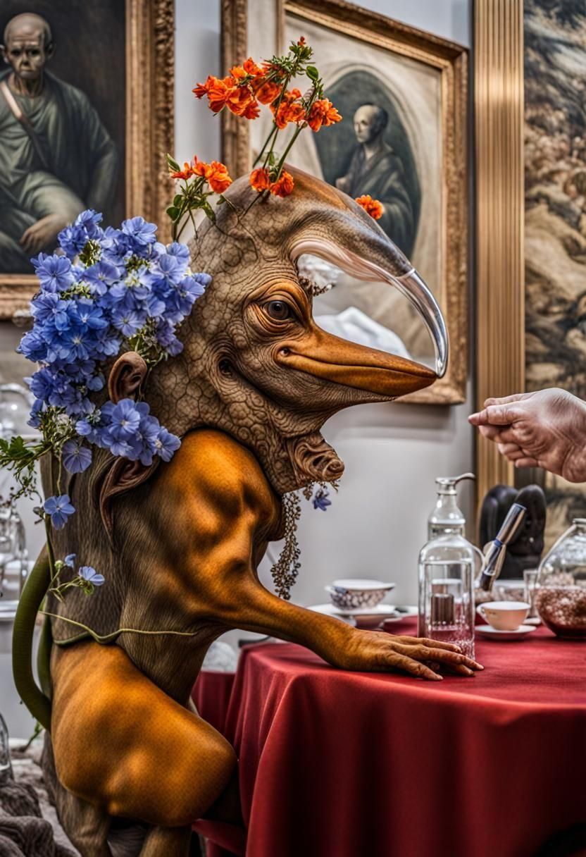 Surreal Alien Restaurant Celebration in Dreamy Light