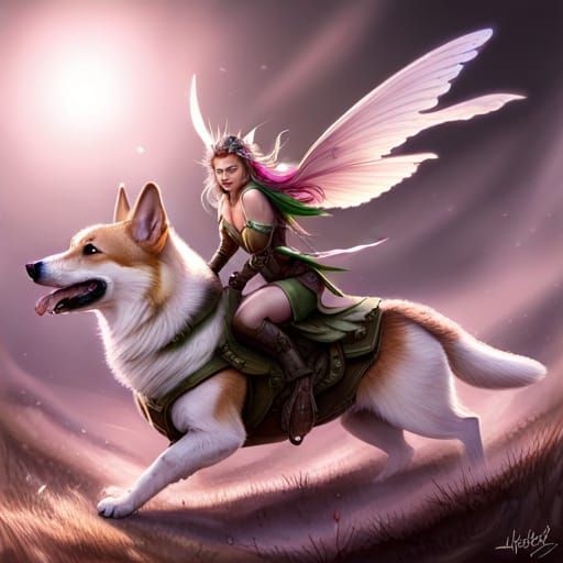Hyper-Realistic Fairy Riding Armored Corgi