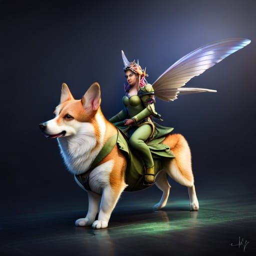 Fairy Riding Armored Corgi in Hyper-Realistic Style