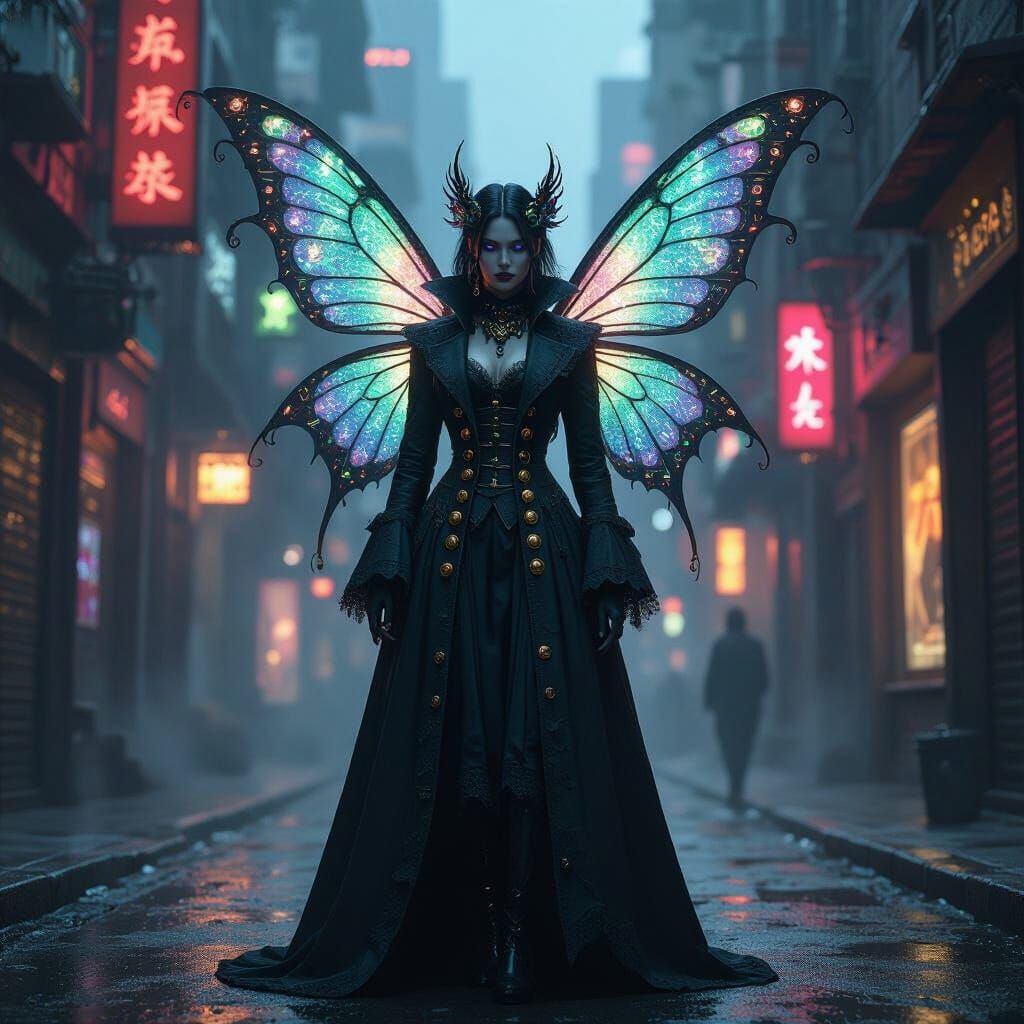 Gothic Fairy with Bioluminescent Circuits in Film Noir Style