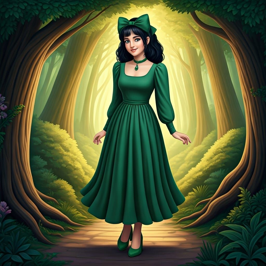 Black-Haired Woman in Forest, Alphonse Mucha Style