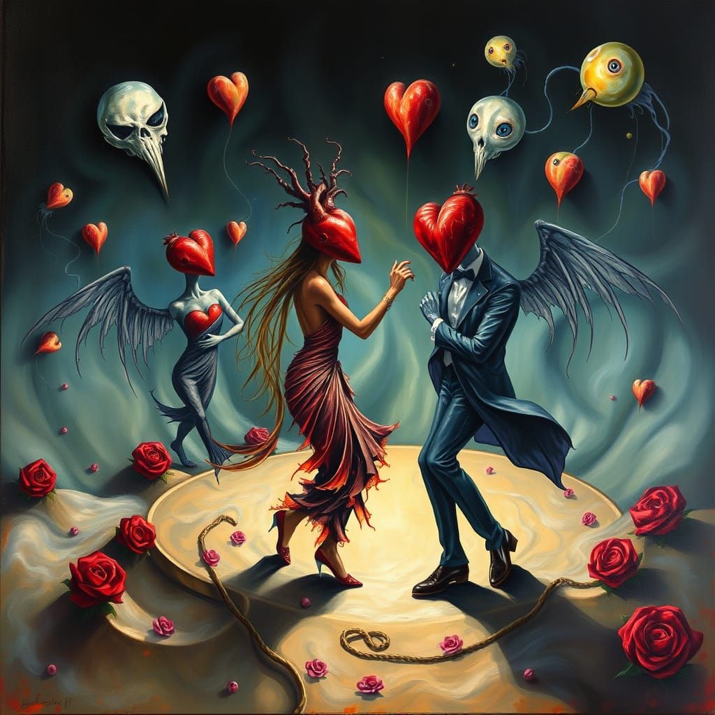 Surrealist Oil Painting of Tormented Hearts Dancing in Ecsta...
