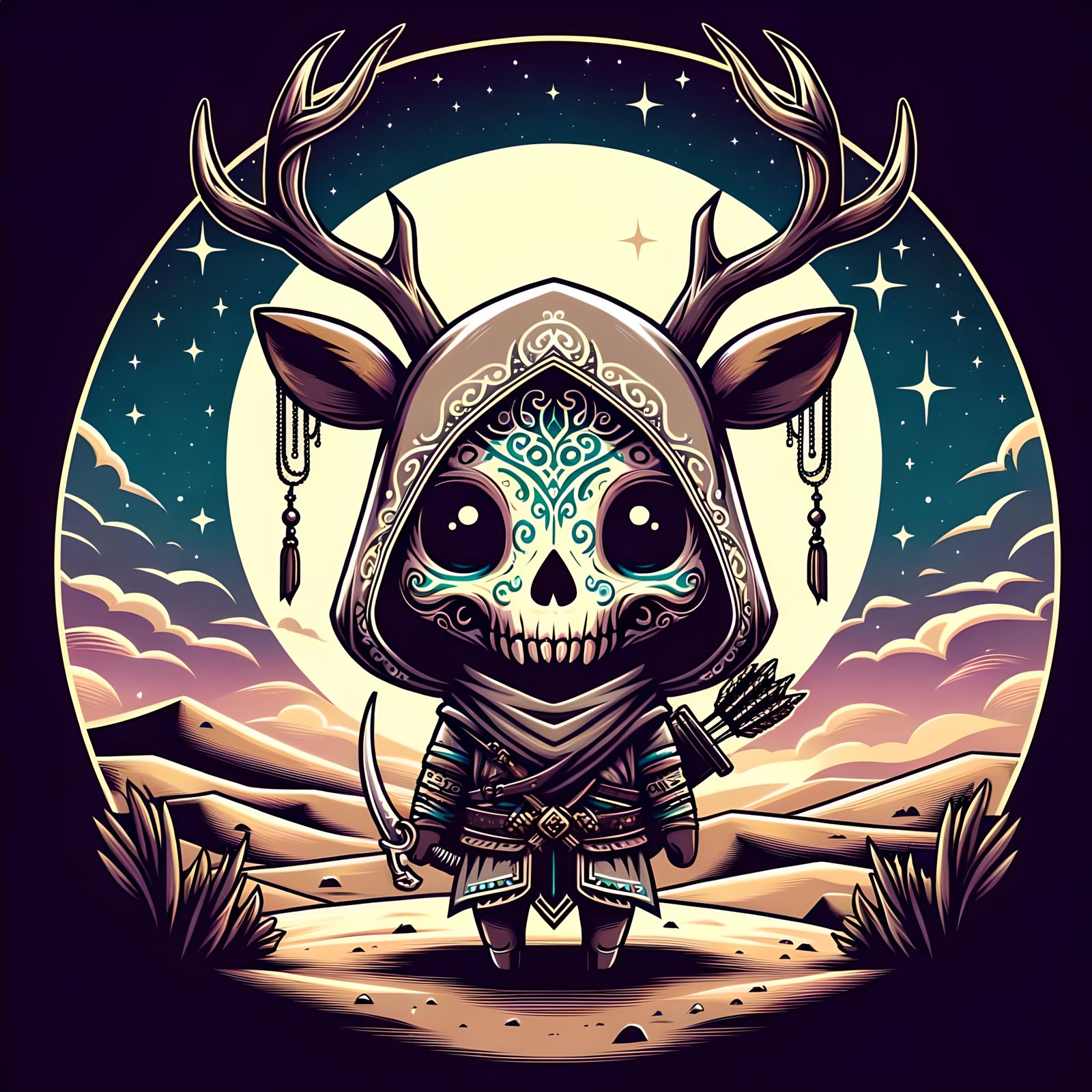 Mystical Chibi Assassin Deer Illuminated by Desert Moonlight