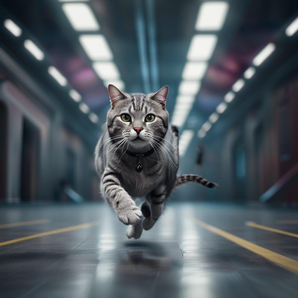 Grey Tabby Cat Runs Through Futuristic Airfield