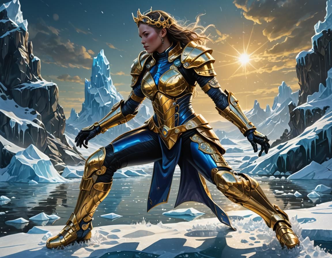 Cyberpunk Fantasy Warrior in Shimmering Gold Armor