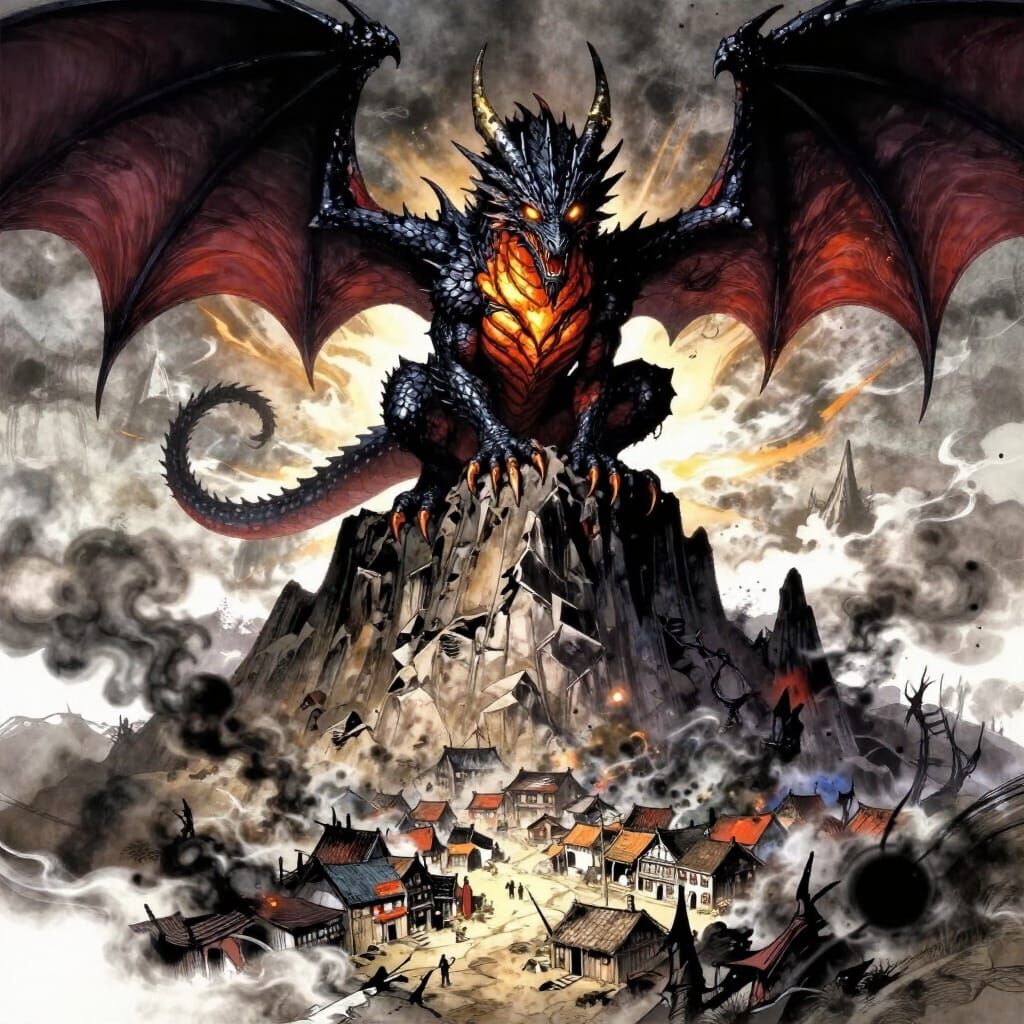Majestic Obsidian Dragon Over Ash-Covered Lands