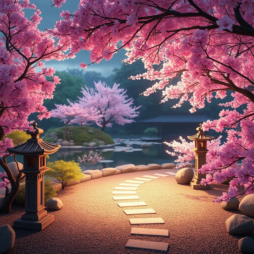 Japanese Cherry Blossom Garden in Vibrant 3D Anime Style