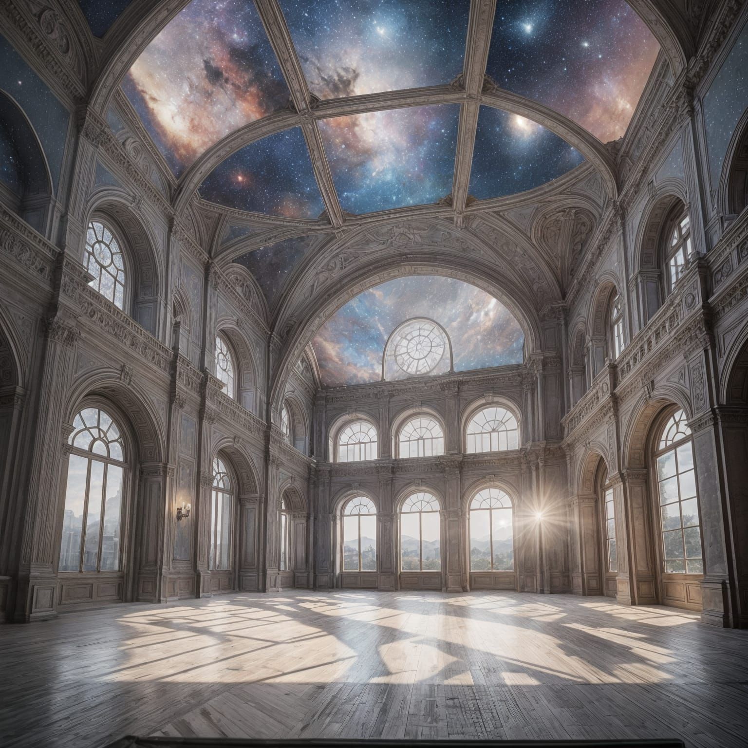 Surreal Room Divided Between Circular and Square Spaces Unde...