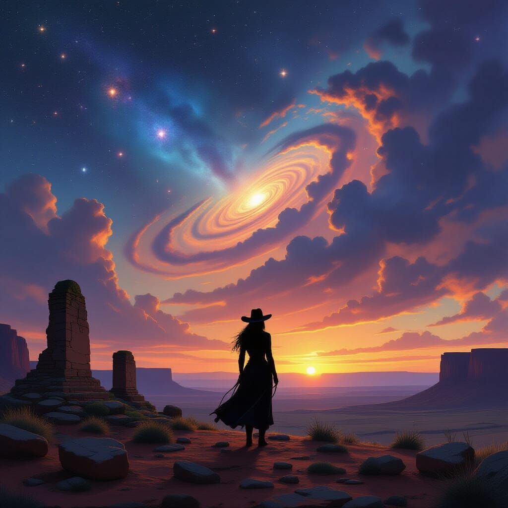 Cowgirl Silhouette Against Cosmic Twilight Sky