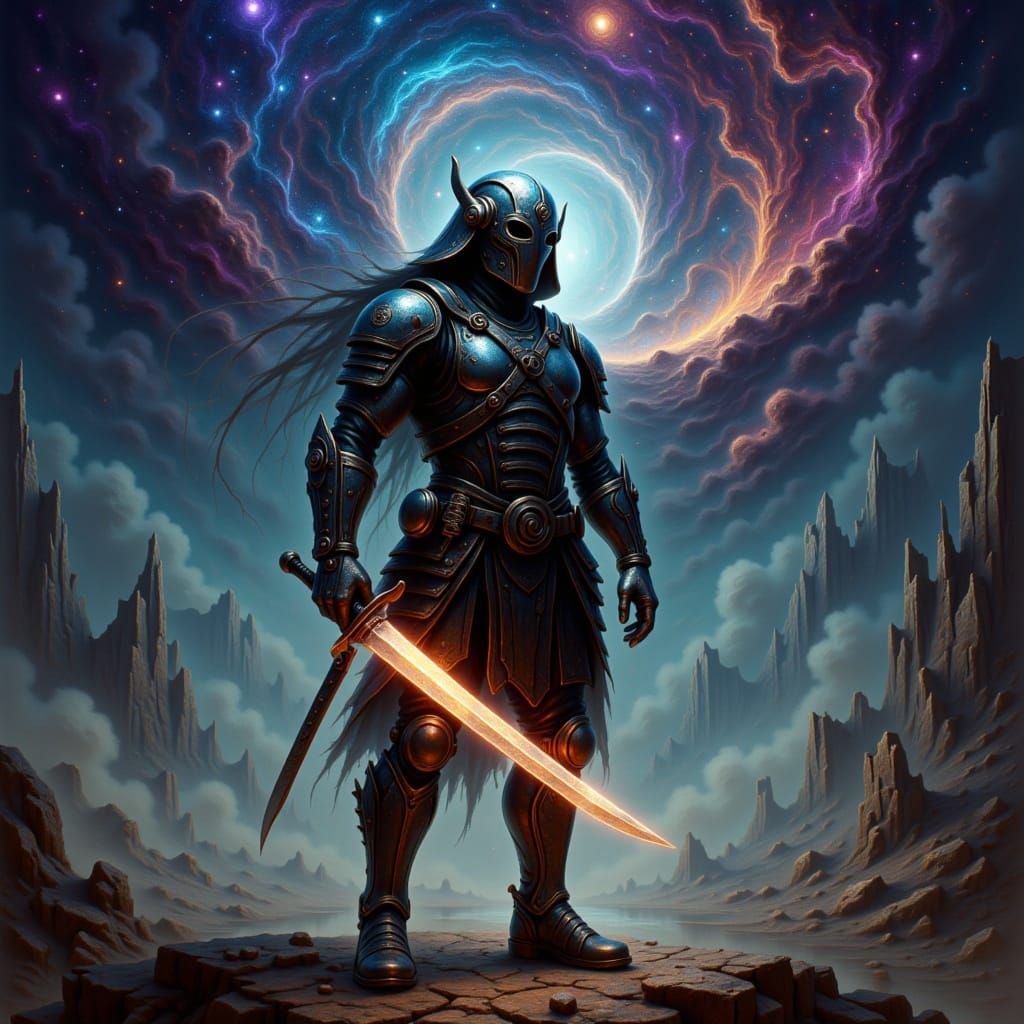 Cyberpunk Samurai Warrior in Post-Apocalyptic Landscape