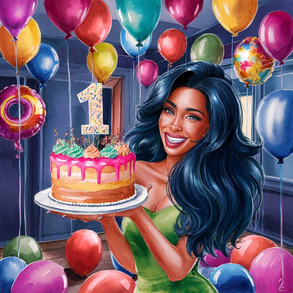 Vibrant Watercolor Birthday Celebration with Dark-Haired Wom...