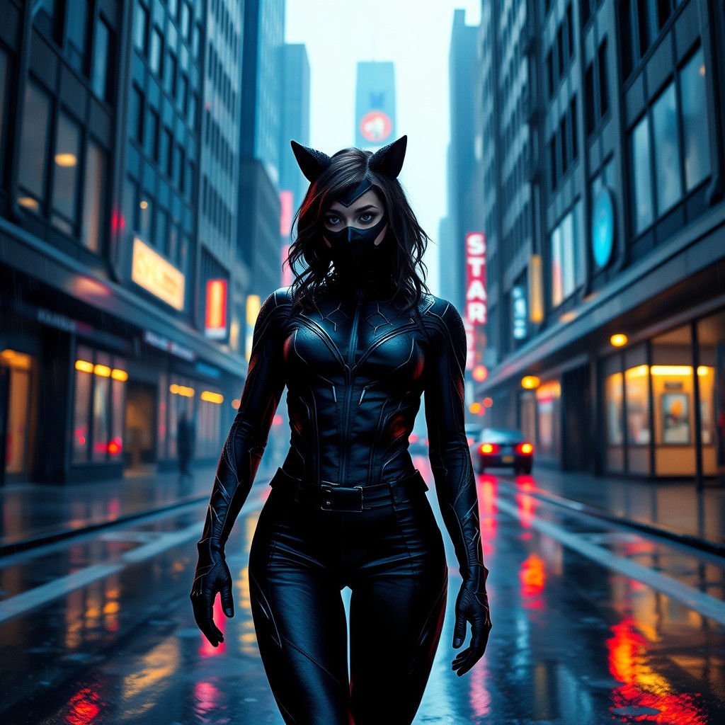 Confident Superheroine Poses in Rainy NYC Alleyway, Cyberpun...