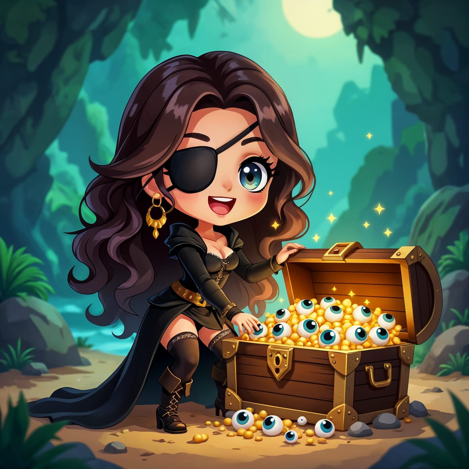Chibi Pirate Woman Finds Treasure in Cove
