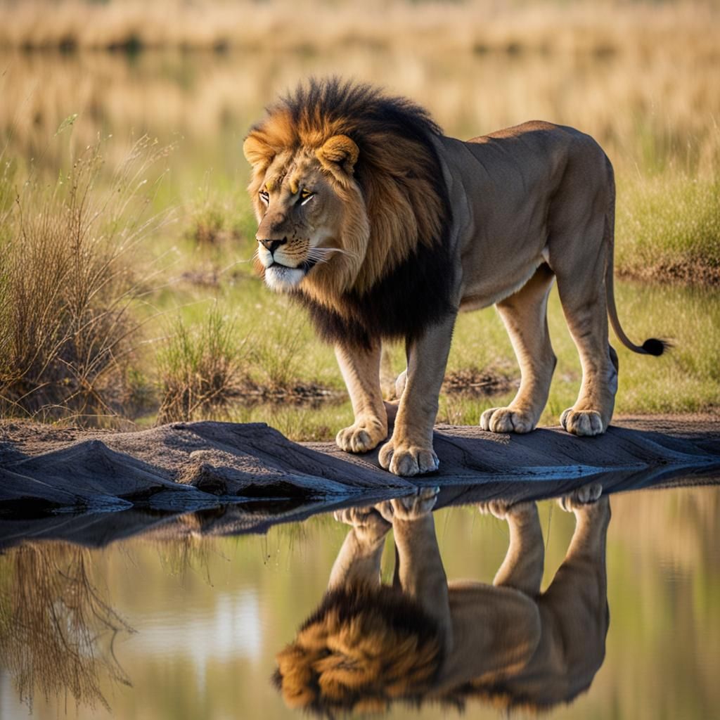 Regal Lion Contemplates River Reflection