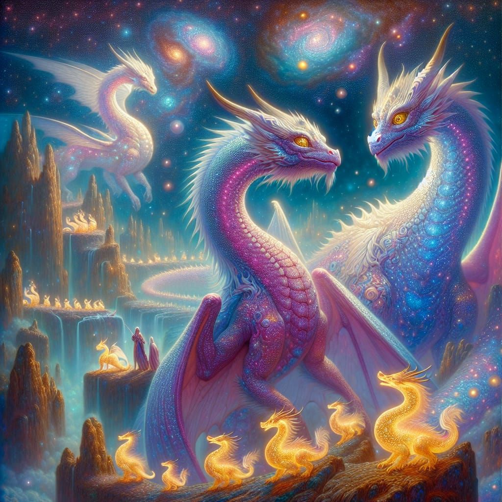 Celestial Guardians: Ancient Dragons Protect Golden Fire Bei...