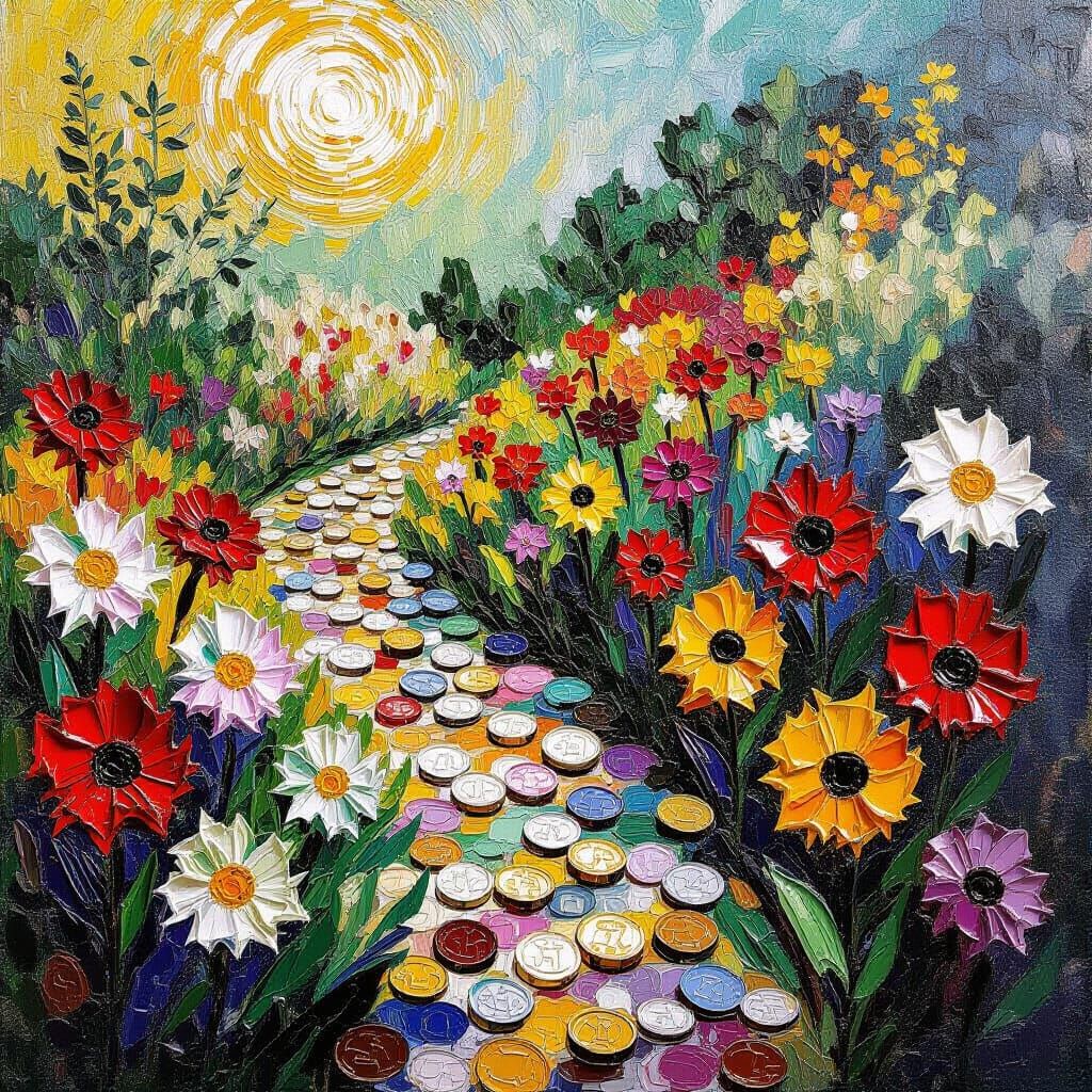 Money Flowers Bloom in Vibrant Neo-Impressionist Garden