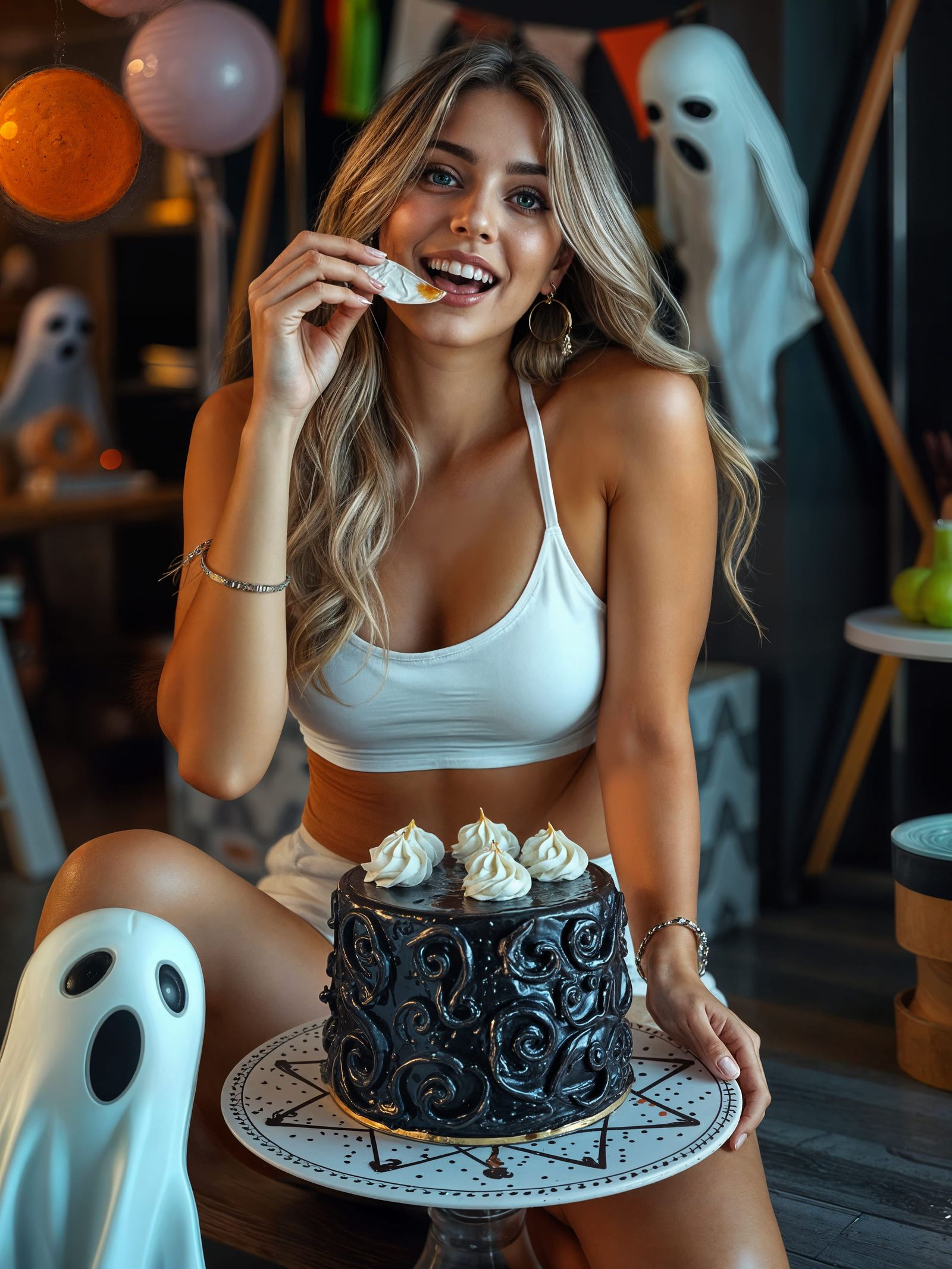 Sensual Italian Woman Enjoys Haunted Cake Party