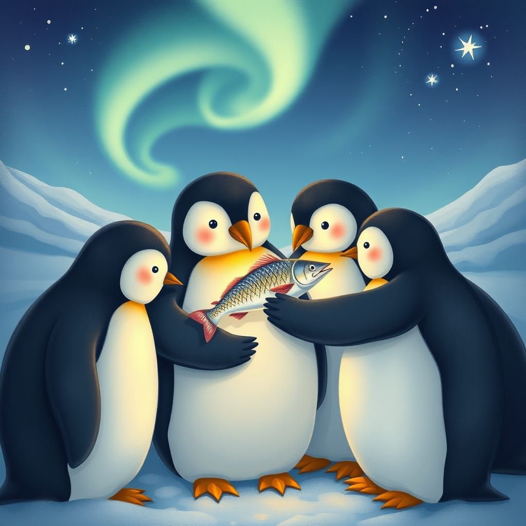 Penguins Share Glowing Fish Under Aurora Borealis