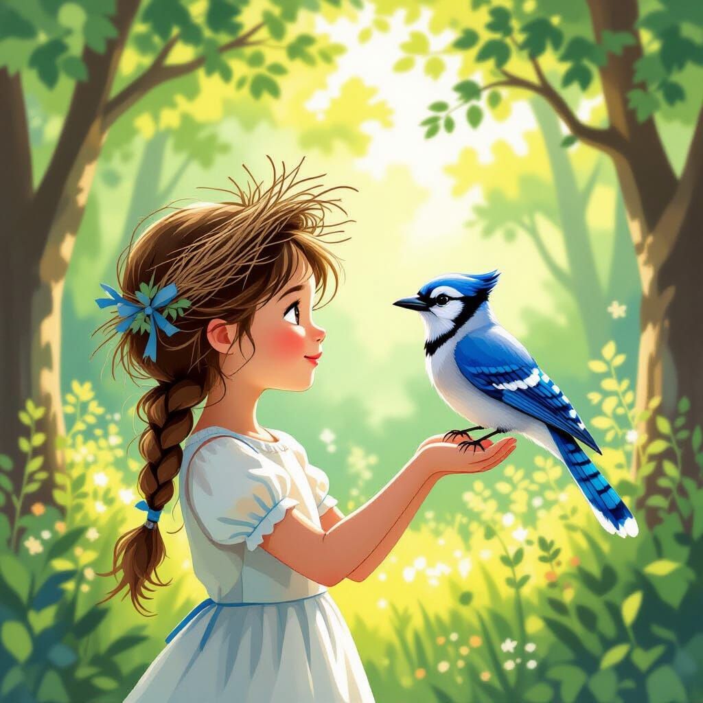 Girl and Blue Jay in Forest Clearing Storybook Illustration