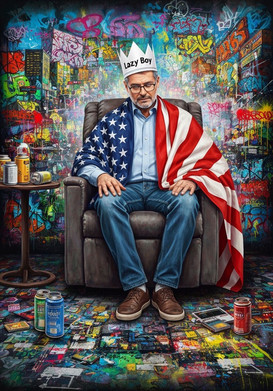 American Man in Paper Crown Surveys Street Art World