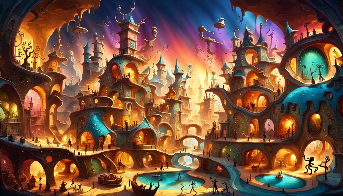 Whimsical Cityscape in Vibrant, Dreamlike Detail