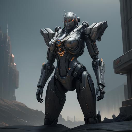 Ethereal Sci-Fi Warrior Stands Amidst Futuristic Ruins