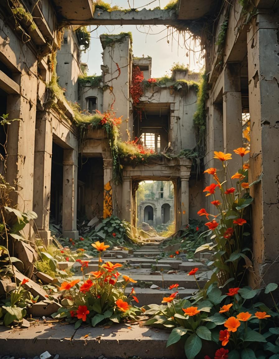 Whimsical Post-Apocalyptic Garden Blooms with Vibrant Colors...