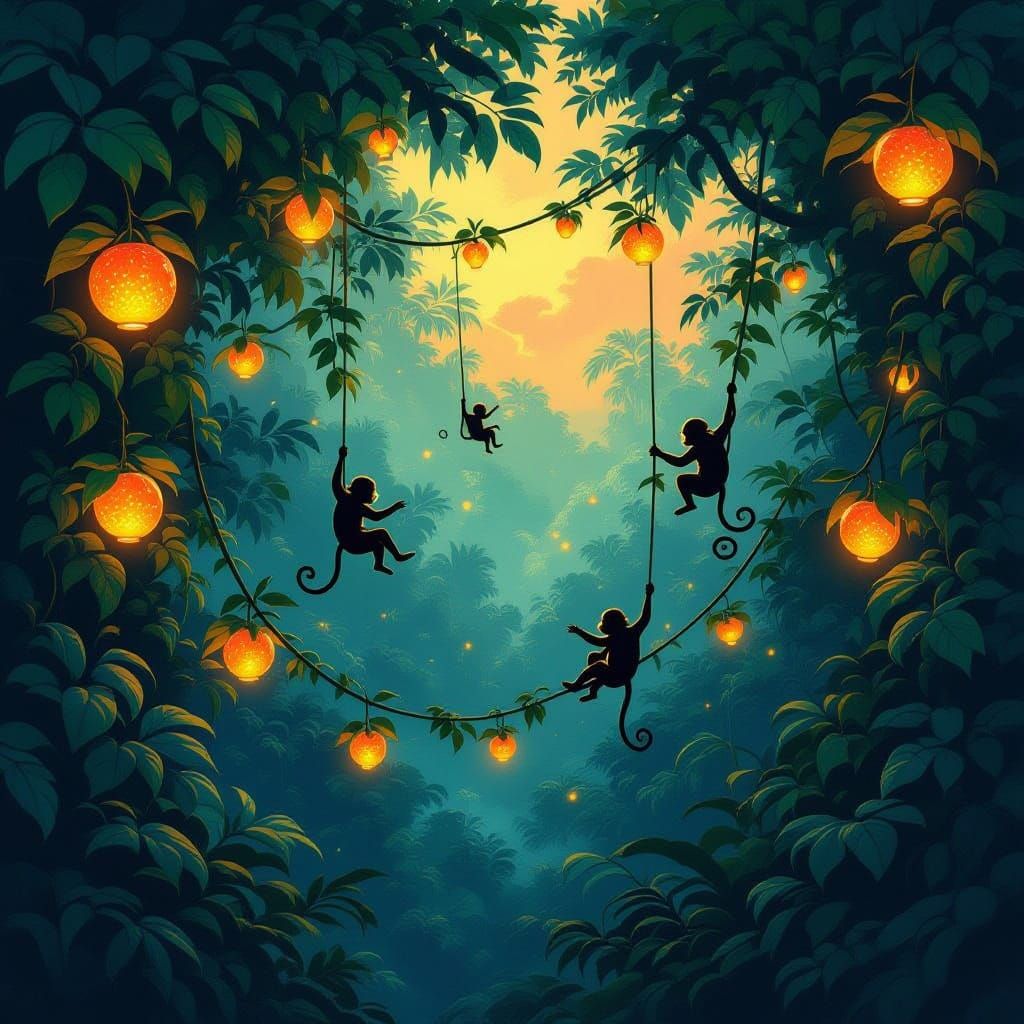 Magical Jungle Night with Glowing Lantern Fruits and Monkeys