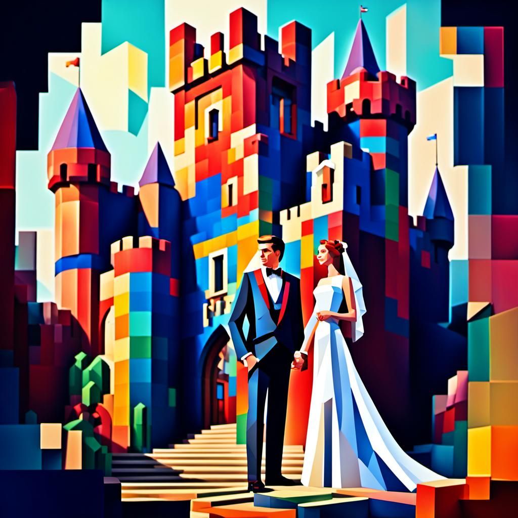 Bride and Groom Behind Vibrant Low-Poly Castle in Stylized P...