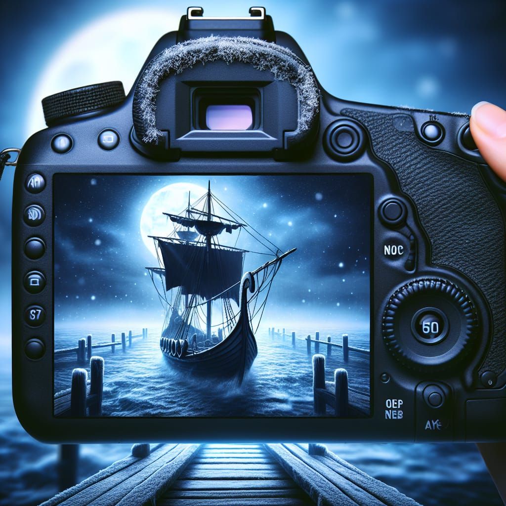 Viking Ship Sails Frosty Sea Under Moonlit Night in Fantasy....