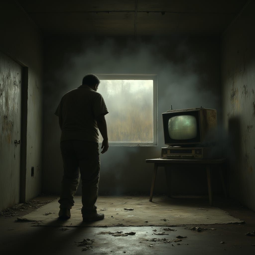 Man Explores Shabby Room Towards Vintage Vidscreen