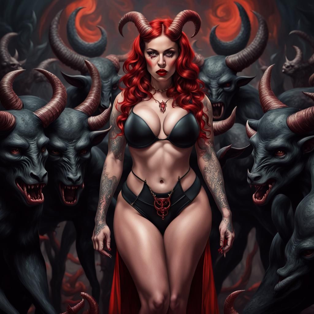 Sultry Red Demoness Surrounded by Dark Entities