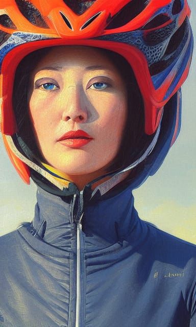 Surrealist Mountain Biker in a Vibrant, Triadic Landscape