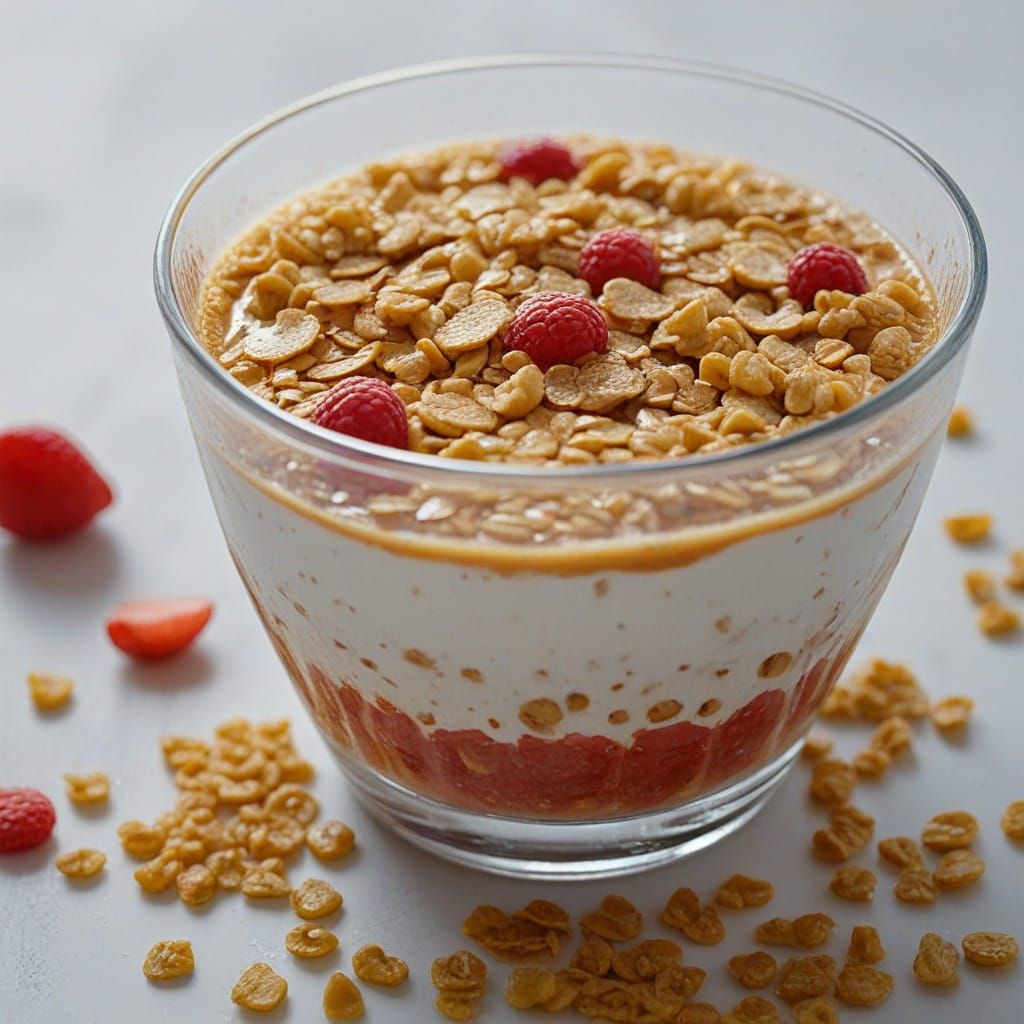 Appetizing Breakfast Flat Lay: Cereal and Juice in Soft Morn...