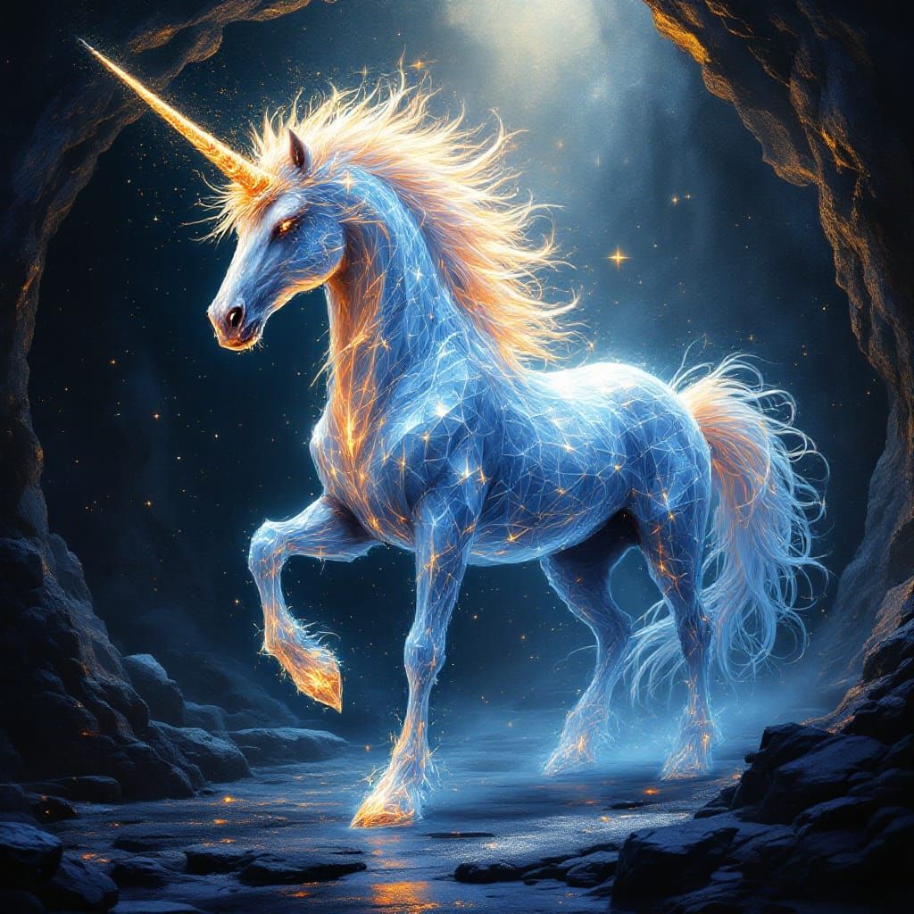 Ethereal Ice and Flame Unicorn in Gold Cavern