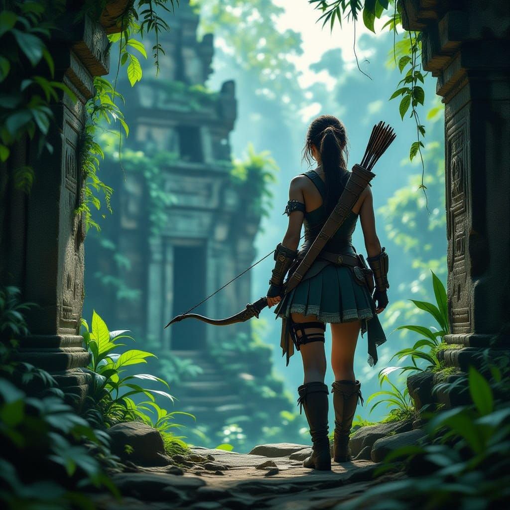 Adventurer at Ancient Temple in Vibrant Jungle