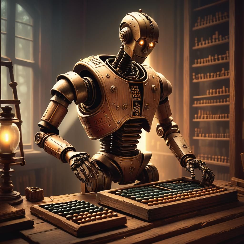 Robot is calculating on an ancient wooden abacus
