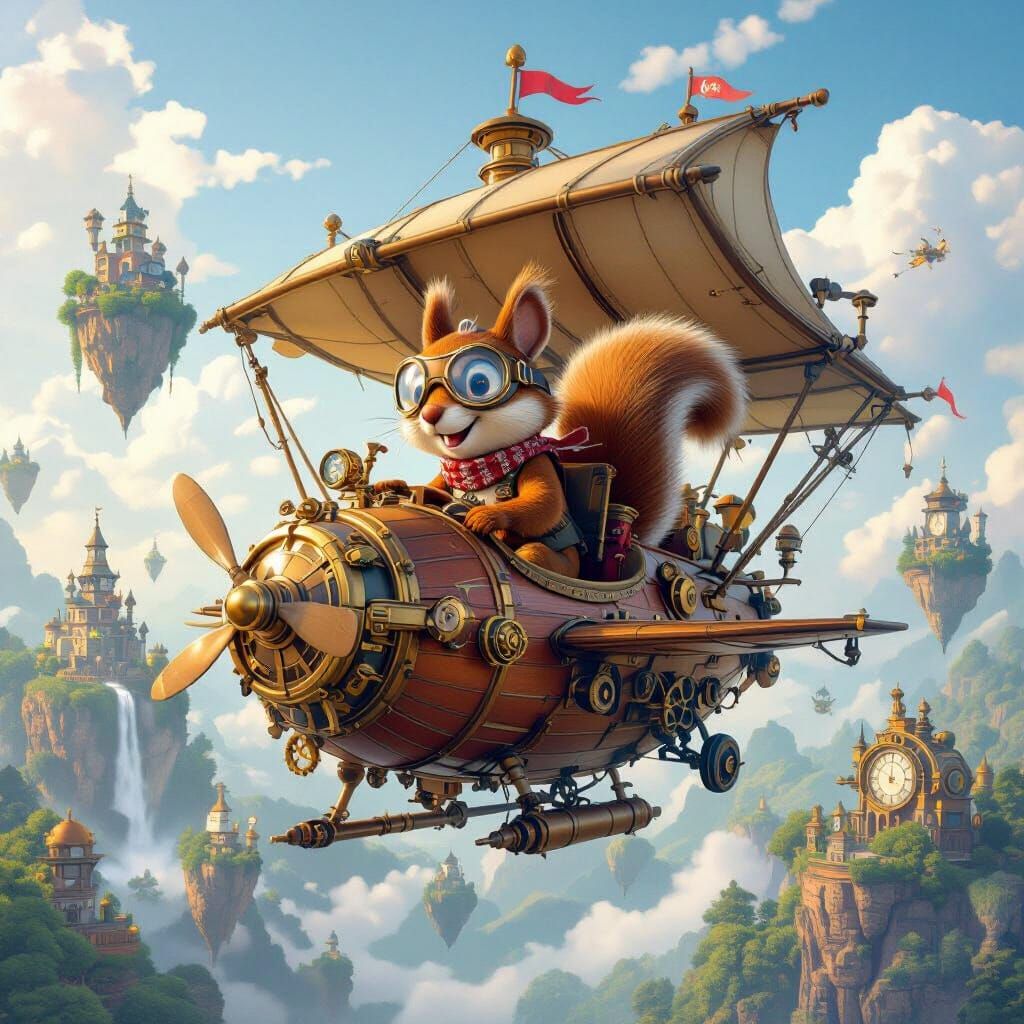 Squirrel Pilot in Steampunk Airship, Disney-Pixar Style