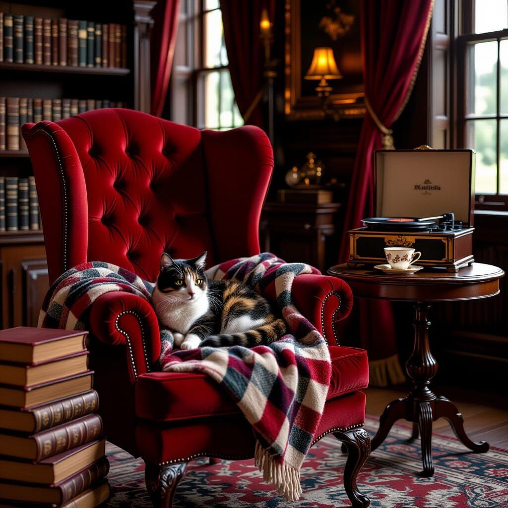 Antique Castle Library with Cat and Books