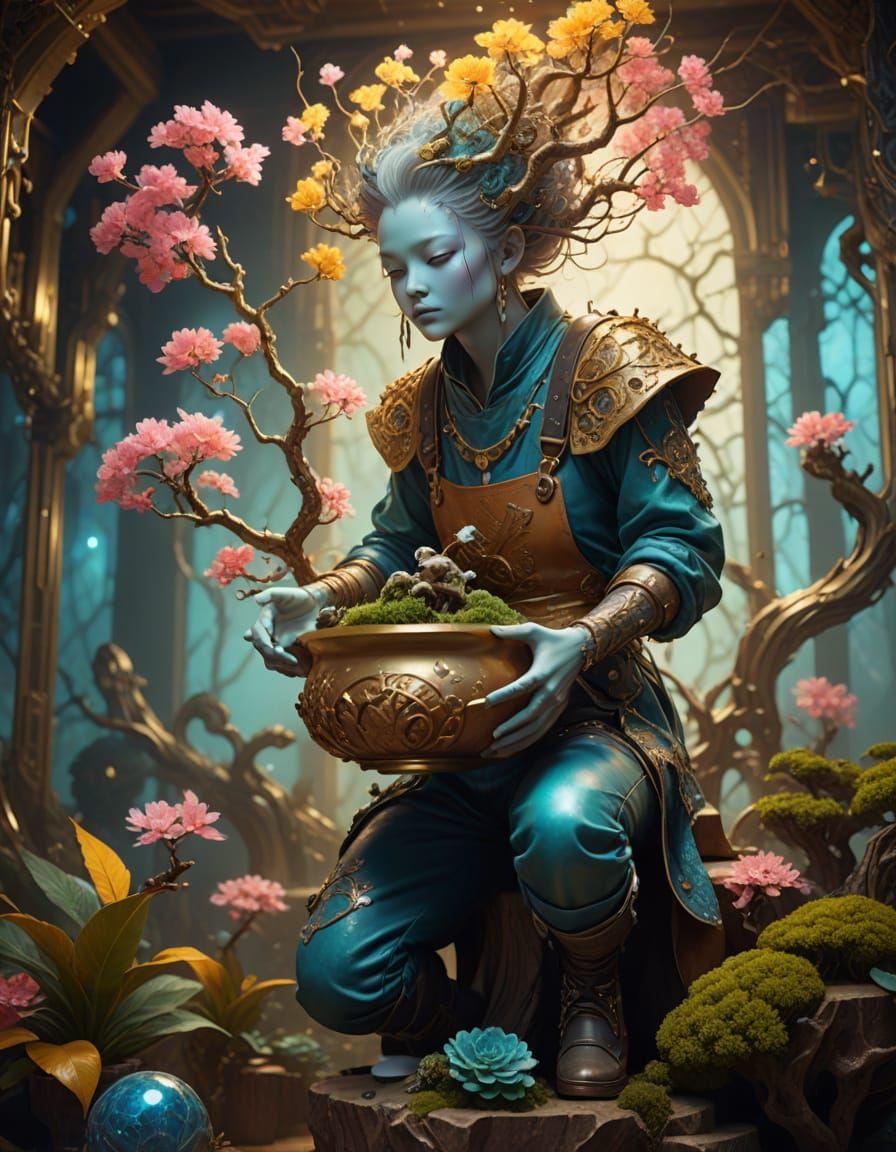 Ethereal Fantasy Creature in Vibrant Kintsugi Landscape