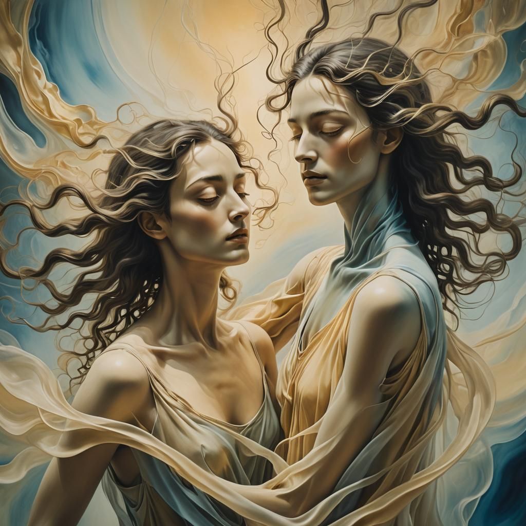 Dreamlike Surreal Figures Merge in Infinite Void